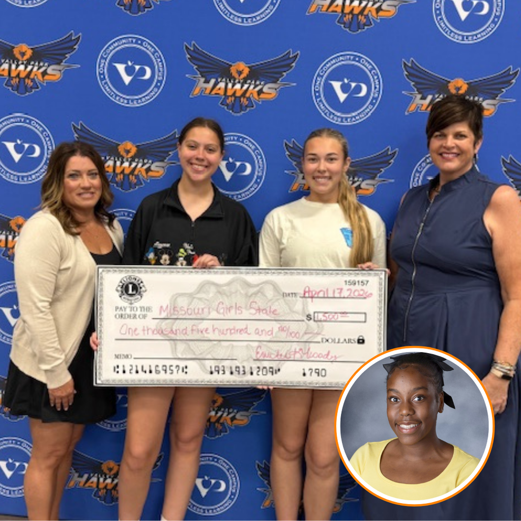 Three VPHS students are headed to Girls State this summer! 🇺🇸  Hosted by the American Legion Auxiliary, this leadership program lets students run a mock government and learn how it all works.  Funded by the Valley Park Lions Club 💙🧡 #VPPride