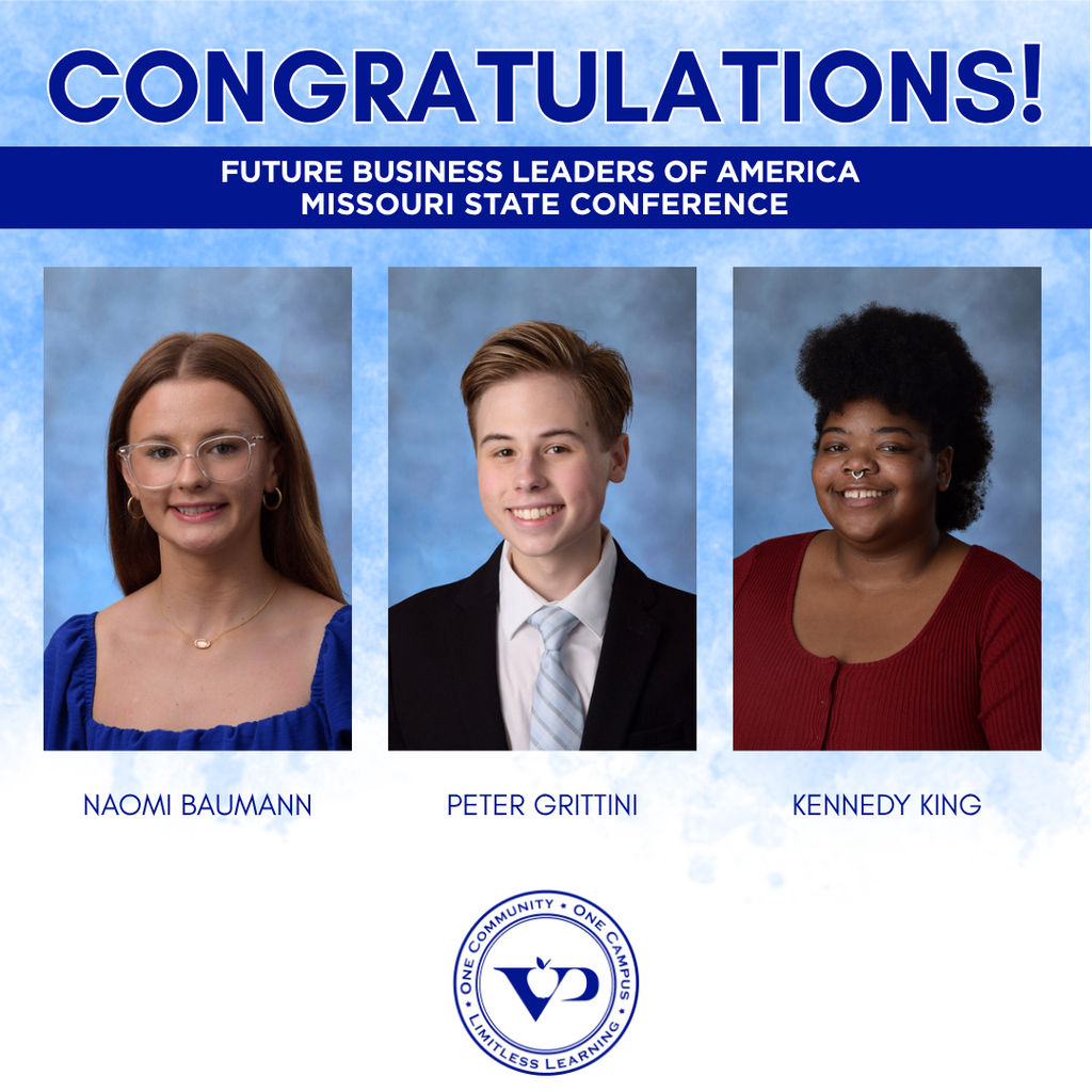 We had three students step up and compete across five events, and they showed up in a big way:  ✨ Naomi Baumann – 6th Place, Business Law ✨ Peter Grittini – 2nd Place, Human Resource Management ✨ Peter Grittini – 3rd Place, Public Administration & Management  That’s not just participating…that’s competing at a high level across the entire state 👏  A huge congratulations to Naomi and Peter for finishing in the Top 10 in Missouri, and an extra shoutout to Peter, who has qualified to compete at FBLA Nationals this June in San Antonio, TX! 🇺🇸  We’re proud of all three students, Peter, Naomi and Kennedy, for representing Valley Park with skill, confidence and determination. The future of business is looking pretty strong from where we’re standing 💙🧡  #VPPride #OneCommunity #LimitlessLearning