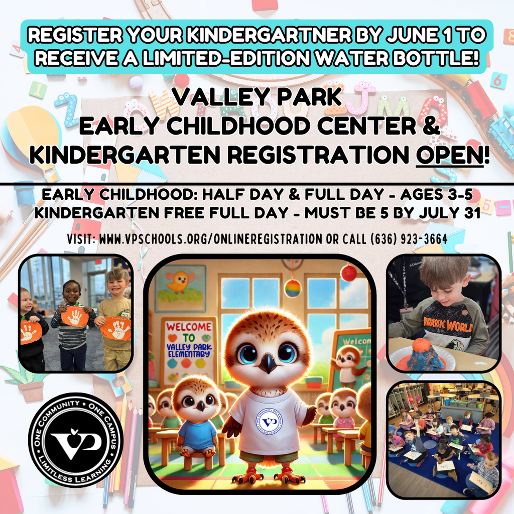 2026-2027 Registrations for Valley Park Early Childhood Center and Kindergarten are now open! Visit www.vpschools.org/onlineregistration to register your child for our full-day, tuition-free kindergarten program and www.vpschools.org/eccreg to register your child for our Early Childhood Program. If you have questions, please contact the district registrar at mcoates@vpschools.org or (636) 923-3664. #VPPride #KindergartenClassOf2039