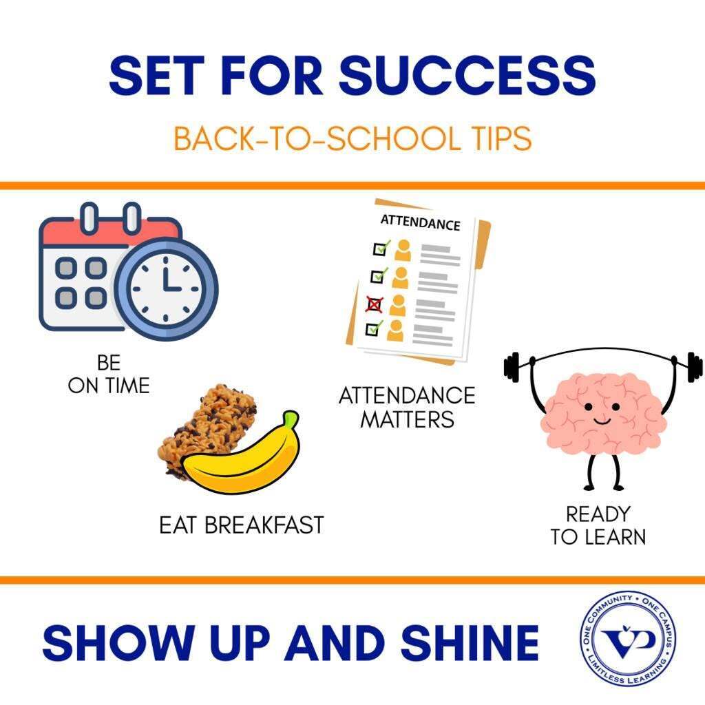 ⏰ Back to school = back to good habits! Show up on time, be prepared, and make every day count. 🍎 Elementary: Start strong. 🎒 Middle: Less stress, more success. 🎓 High: Every class counts. Let's have a great year, Hawks! 💙🧡 #VPPride #LimitlessLearning