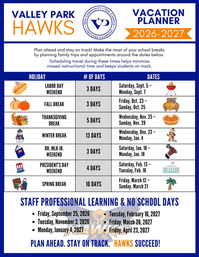 📅 Planning a family trip or appointment this school year? We've got you covered!  Check out our 2026-2027 Vacation Planner to see holiday breaks and no-school days at a glance. Planning ahead helps students maximize instructional time while making the most of school breaks.  Save this graphic for easy reference throughout the year! 💙🧡  #VPPride #LimitlessLearning