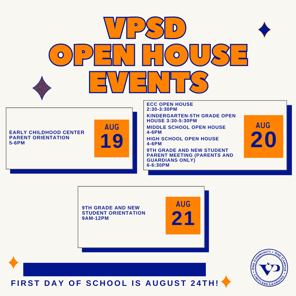 Check out all the back to school events coming up this week! We can't wait to see everyone back on the VPSD campus! Visit www.vpschools.org/backtoschool for all your back to school information! #VPPride