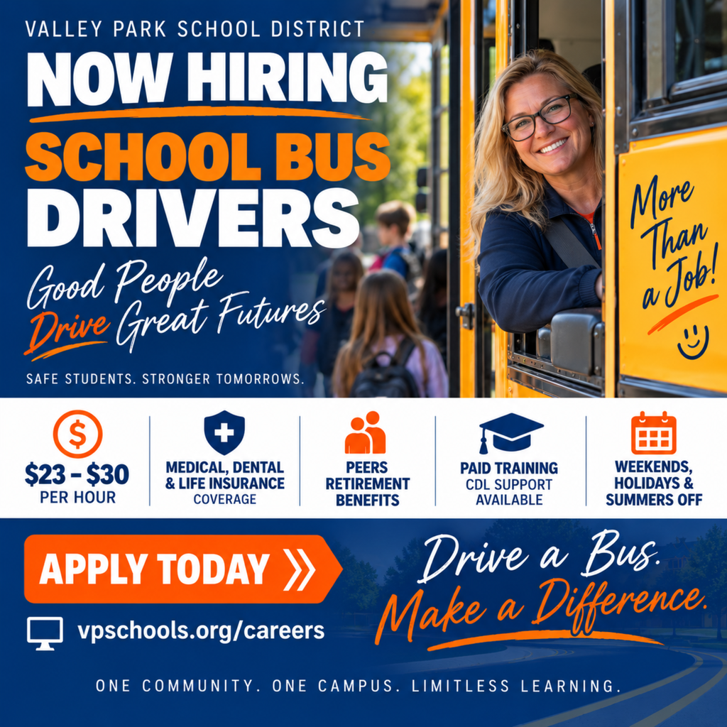 We’re hiring School Bus Drivers at Valley Park School District! $23–$30/HR + BENEFITS (100% Medical + Retirement) + SUMMERS OFF.  If you’re dependable, care about kids, and want meaningful work with great benefits, we’ll help you get behind the wheel.  Drive a bus. Make a difference! Join Valley Park!   Apply today: vpschools.org/careers