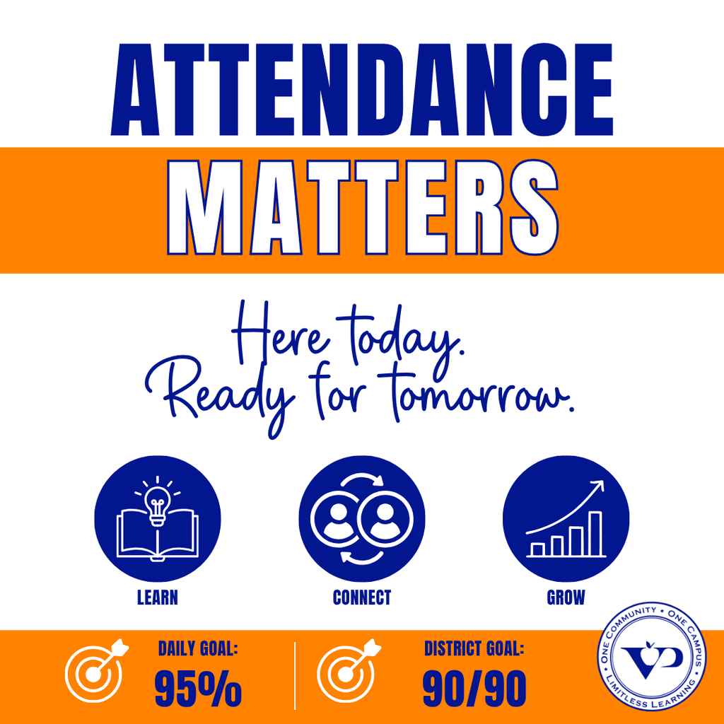 💙🧡 A new week starts tomorrow! 🦅  Every day at school is another opportunity to learn, grow and connect. Help your student start the week strong by being here and ready to learn!  🎯 Our daily goal: 95% attendance 🎯 Our district goal: 90% of students attending at least 90% of the time  Here today. Ready for tomorrow. 💙🧡