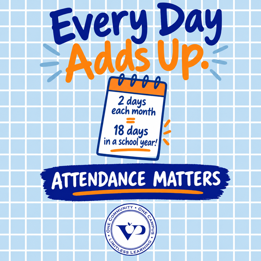 📅 Every Day Adds Up. Missing just 2 days of school each month can add up quickly and mean valuable time away from learning, building skills and connecting with classmates and teachers. Every day at school is another opportunity to learn, grow and make progress. Help your student start the week strong by being here and ready to learn! 💙🧡 🎯 Our daily goal: 95% attendance 🎯 Our district goal: 90% of students attending at least 90% of the time Here today. Ready for tomorrow. #VPPride #AttendanceMatters #LimitlessLearning