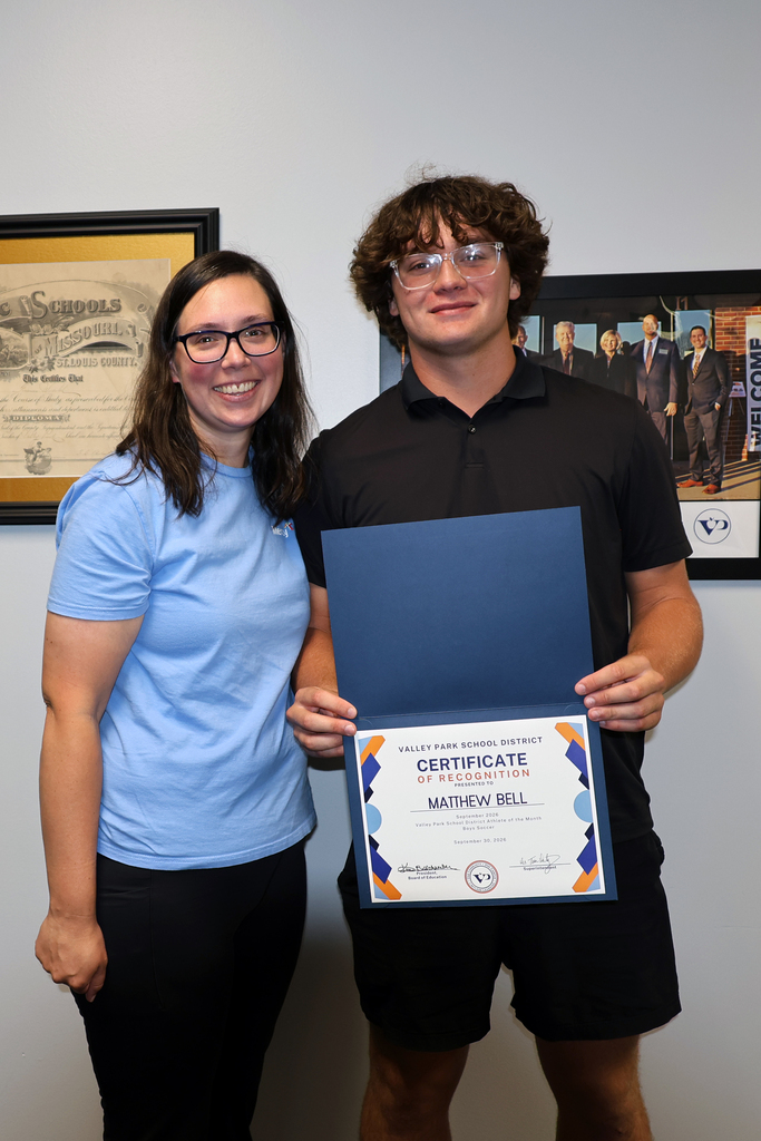 So much to celebrate at last night’s Board of Education meeting! 🎉  We recognized our Athletes of the Month, Matthew Bell (boys soccer) and Adison Durbin (softball), along with our VPHS VIP Students of the Month, Kate Wilson ’27, Miller Duerksen ’27 and Jenna Chitwood ’27.  Congratulations to all of these outstanding students! 💙🧡 We’re proud of the way you represent Valley Park!  #VPPride #VPHawks