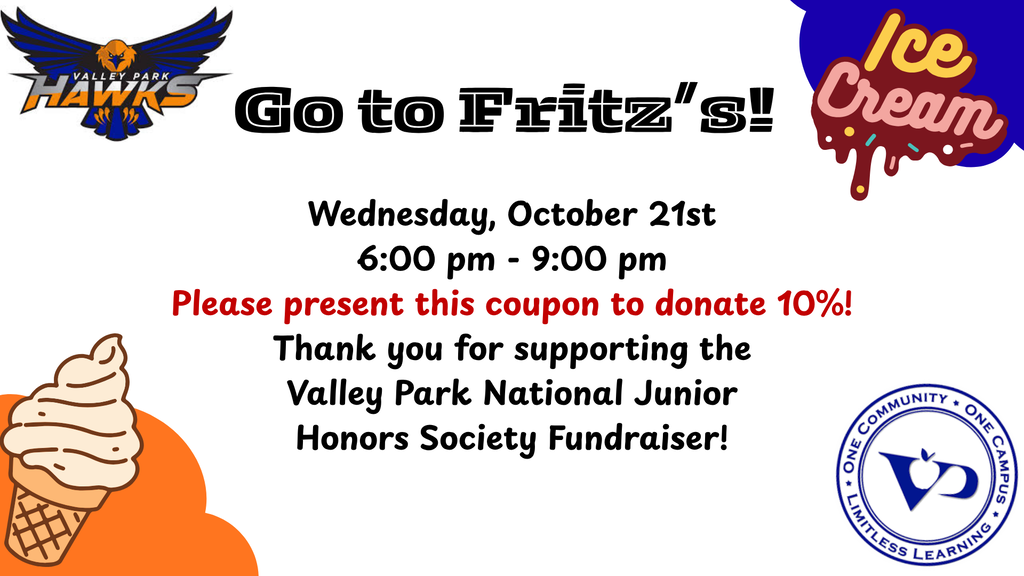 🍦 Here's a SWEET way to support our Hawks! 💙🧡  Join us at Fritz's Frozen Custard on Wednesday, October 21, from 6–9 p.m. for a fundraiser benefiting the Valley Park Middle School National Junior Honor Society!  🍨 Enjoy a delicious treat while supporting our students!  🧡 Present the attached flyer when ordering, and 10% will be donated to NJHS!  Grab your family and friends, enjoy some frozen custard and support a great cause!  #VPPride #GoHawks