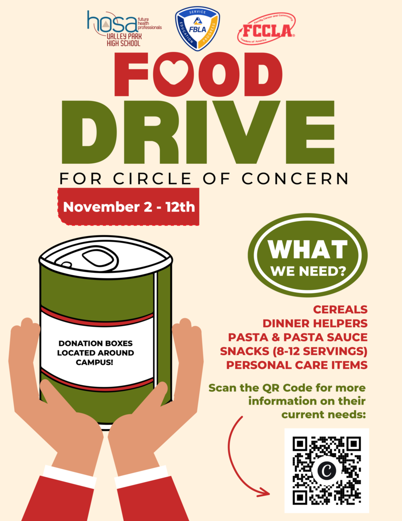 🥫💙🧡 Hawks Helping Our Community! Three Valley Park High School student organizations are joining forces to make a difference! HOSA, FCCLA, and FBLA are teaming up to host a food drive benefiting Circle of Concern from November 2–12! We invite our entire Valley Park community to help support local families in need by donating nonperishable food items. Collection boxes will be located throughout campus. Every donation makes a difference, and together, our Hawks can make a big impact! 🧡 #VPPride #VPHawks #OneCommunityOneCampus #HawksHelpingHawks