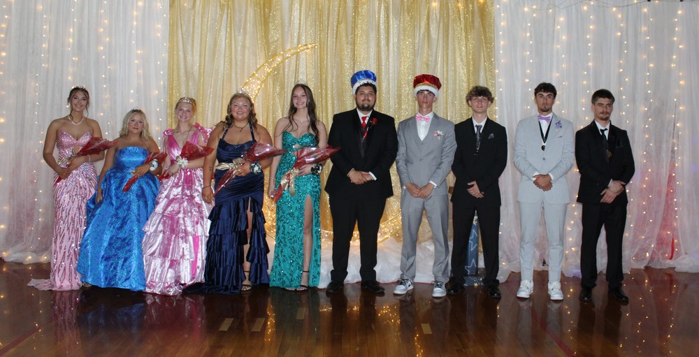 Students lined up against backdrop in prom dressese