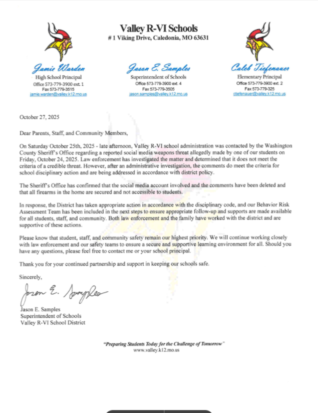 10-27-25 Valley R-VI Communication re Social Media Threat Response