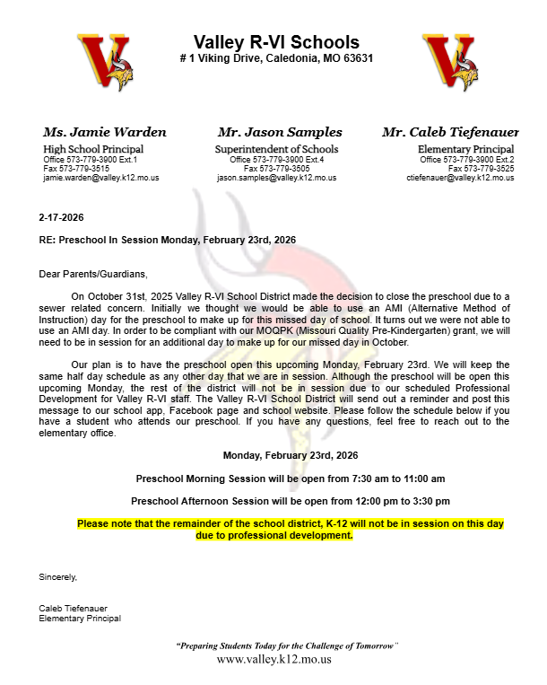 2-23-26 Preschool Make Update - In Session Reminder