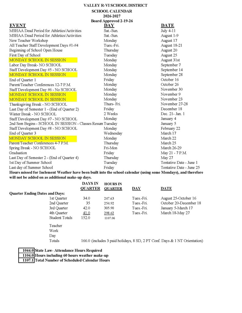 School District Calendar 2026-2027