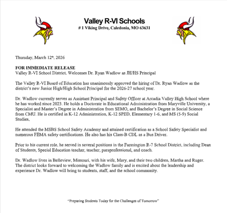 Dr. Ryan Wadlow JH-HS Principal Welcome Announcement