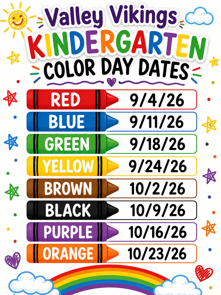 Valley Vikings Kindergarten Color Day Dates