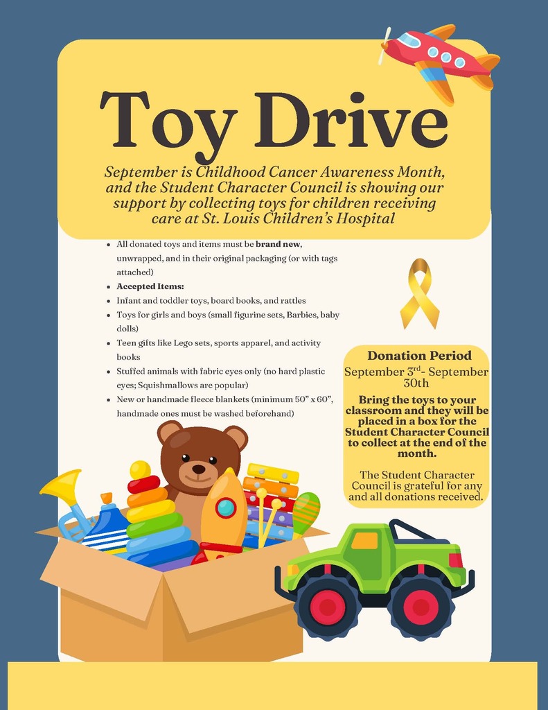 Valley R-6 Elementary Character Council is hosting a toy drive for Childhood Cancer Awareness Month from September 3rd through September 30th.