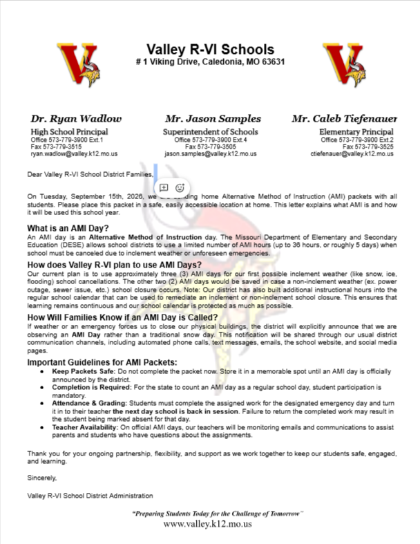 9-15-26 AMI Informational Letter Valley R-VI