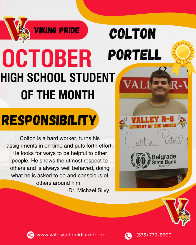 October High School Student of the Month Colten Portell Responsibility