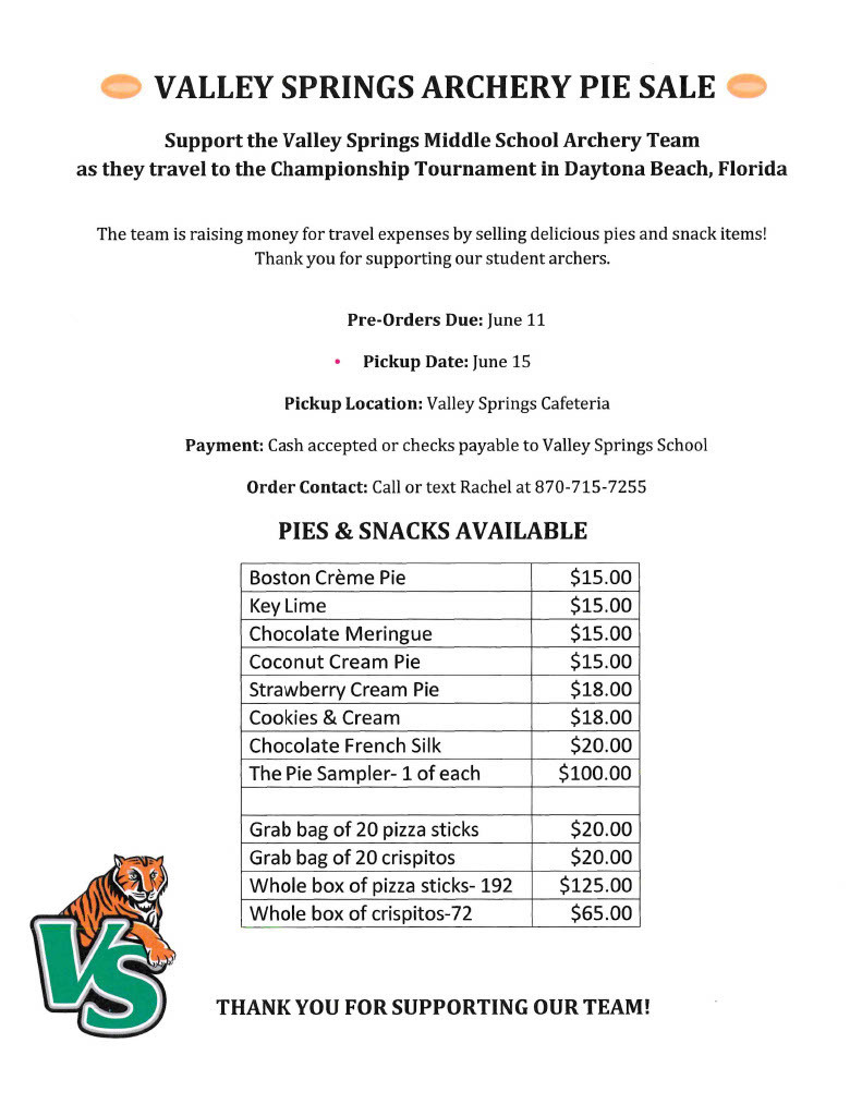 Flyer with information regarding Pie Fundraiser for MS Archery Team going to Championships