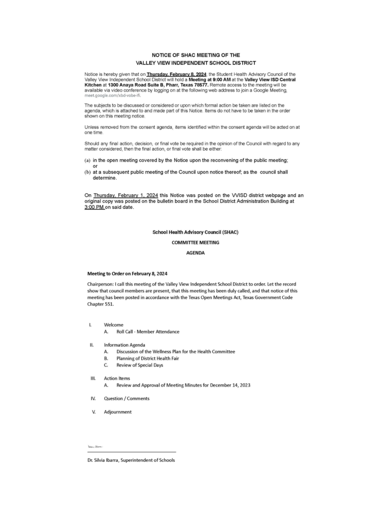 SHAC Meeting Agenda And Notice FEB 2024 Valley View ISD