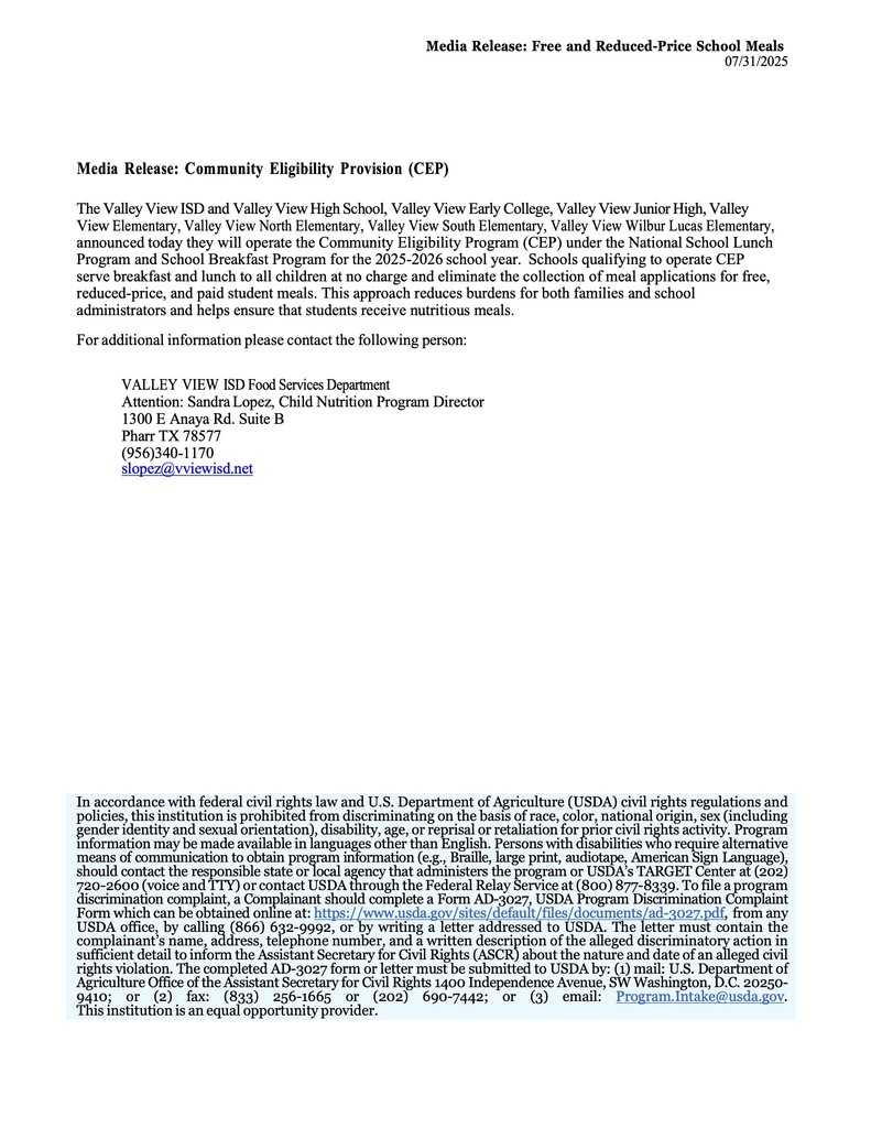 CHILD NUTRITION MEDIA RELEASE 25 - 26