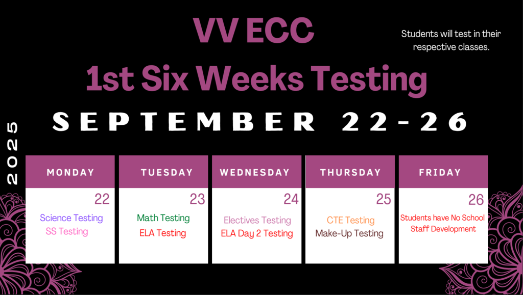 Six Weeks Exam Testing Calendar