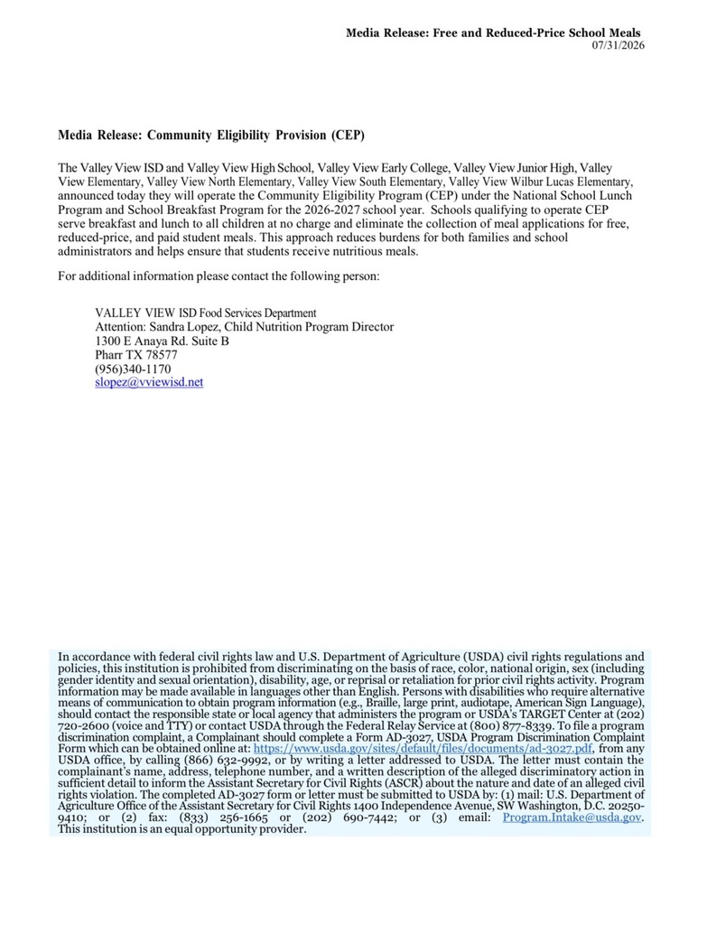 Free & Reduced Meals VVISD Media Release 2026 - 2027