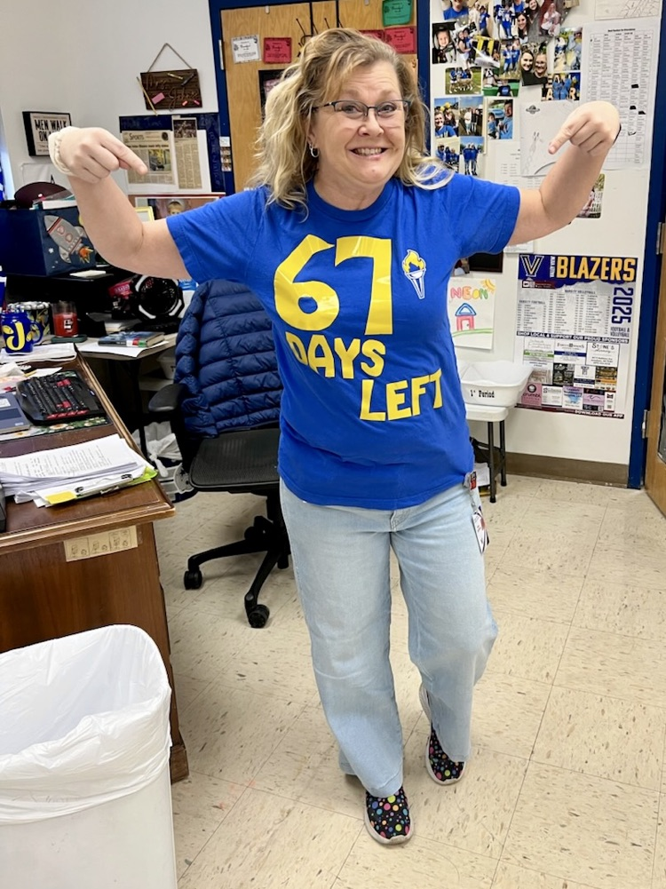 Ms Johns wears a shirt that reads 67