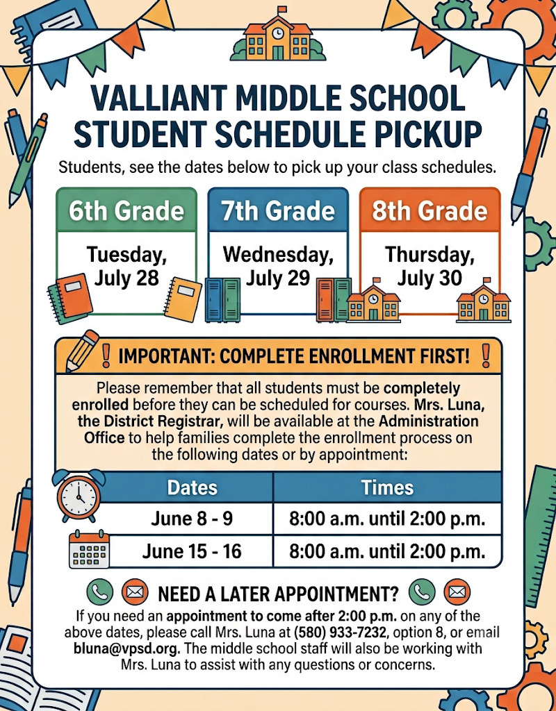 Valliant Middle School Class Schedule Announcement 2026