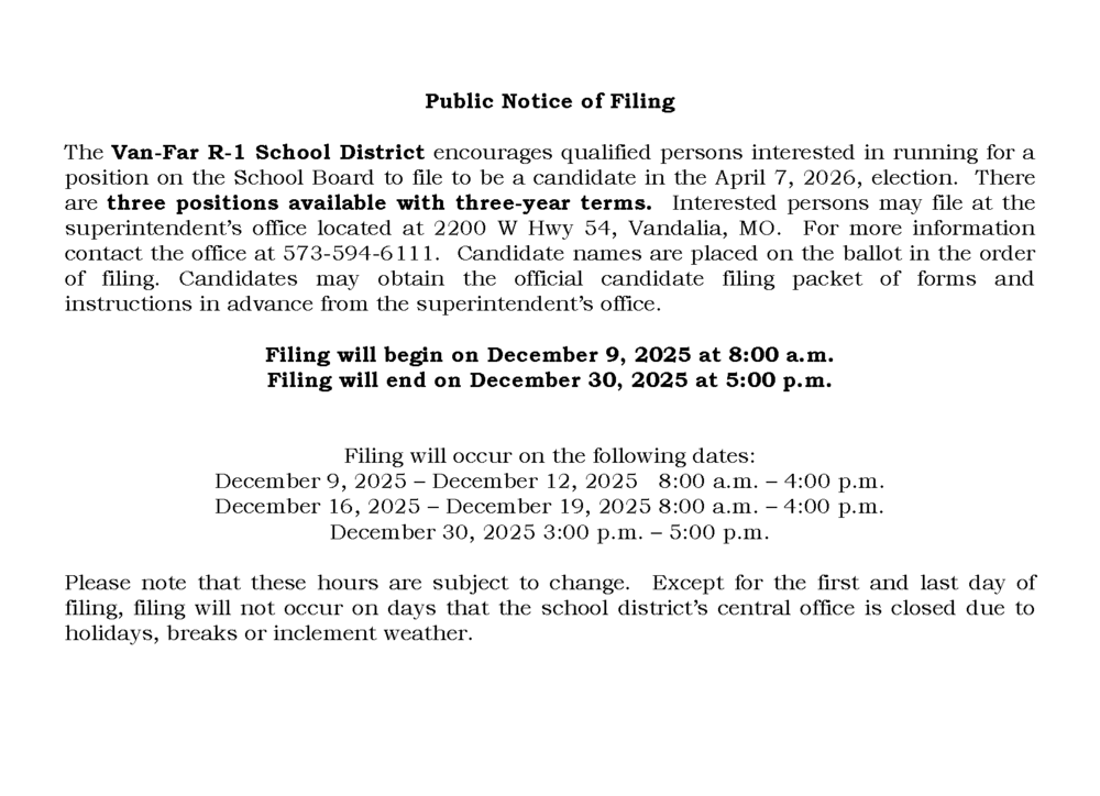 Van-Far Board of Education Election; April 7, 2026