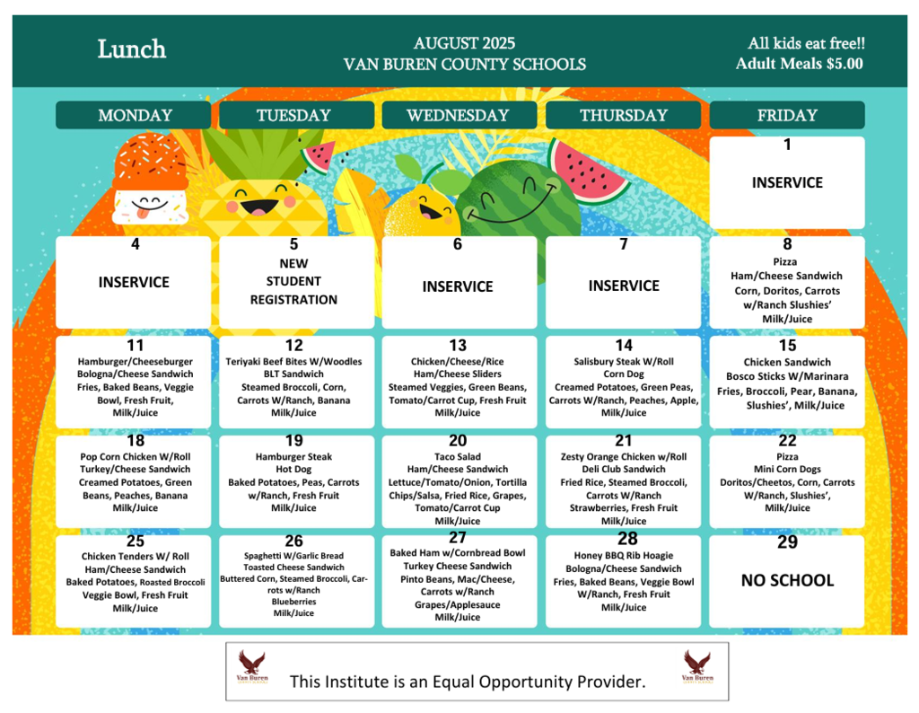 August 2025 Lunch Menu