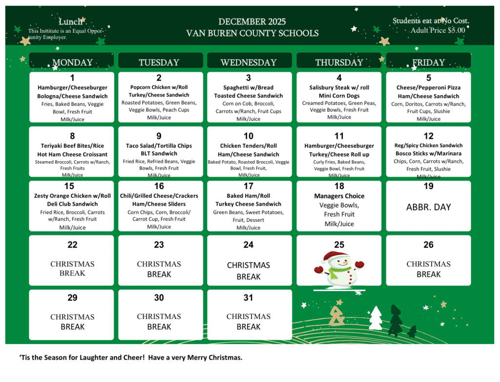 December 2025 Lunch Menu