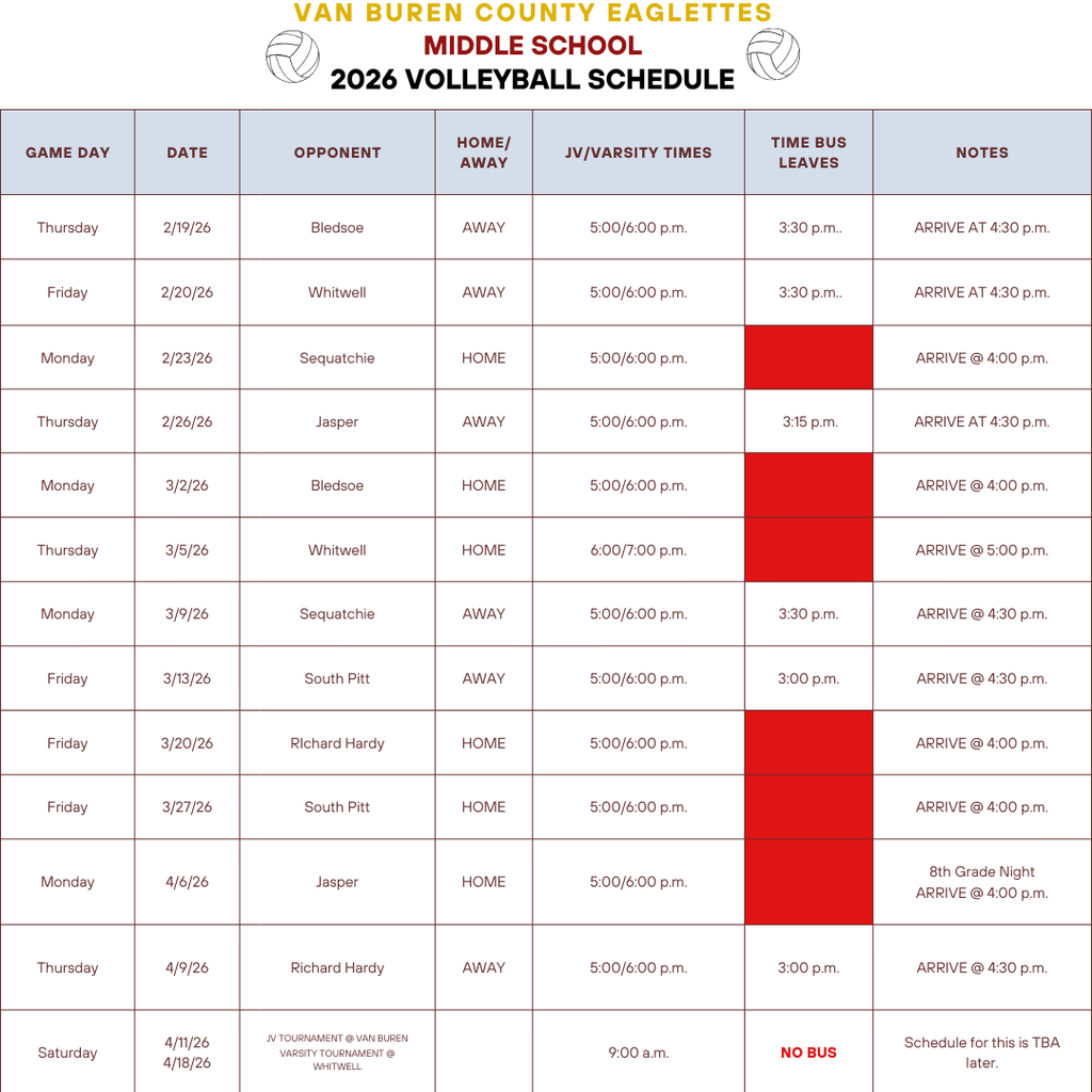 Middle School Volleyball Schedule 2026