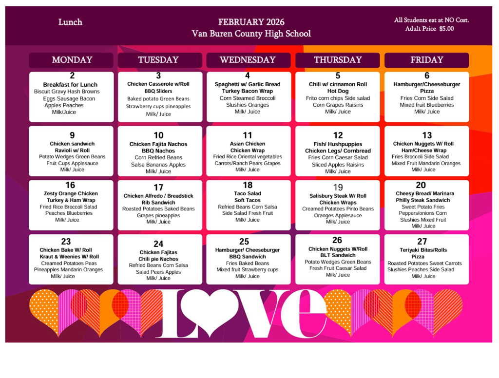 February 2026 High School Lunch Menu