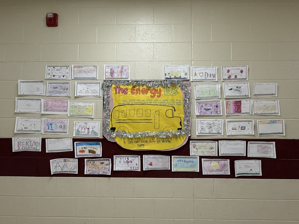 The Energy Bus display with student drawings from 3rd Grade