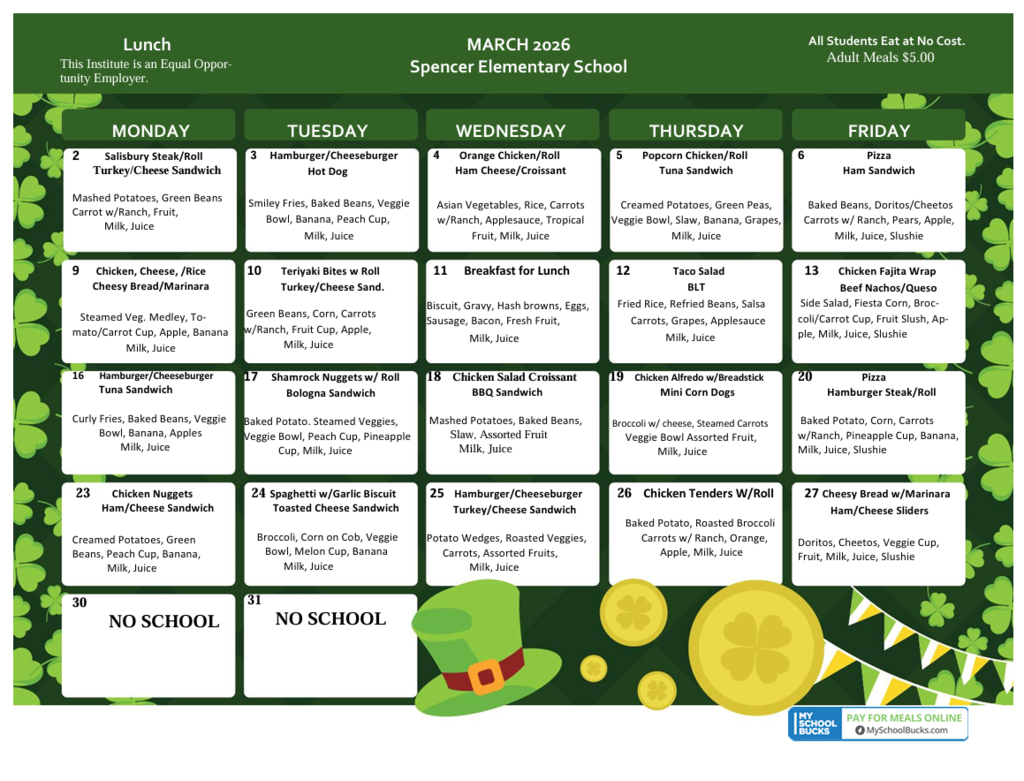 Spencer Elementary School March 2026 Lunch Menu