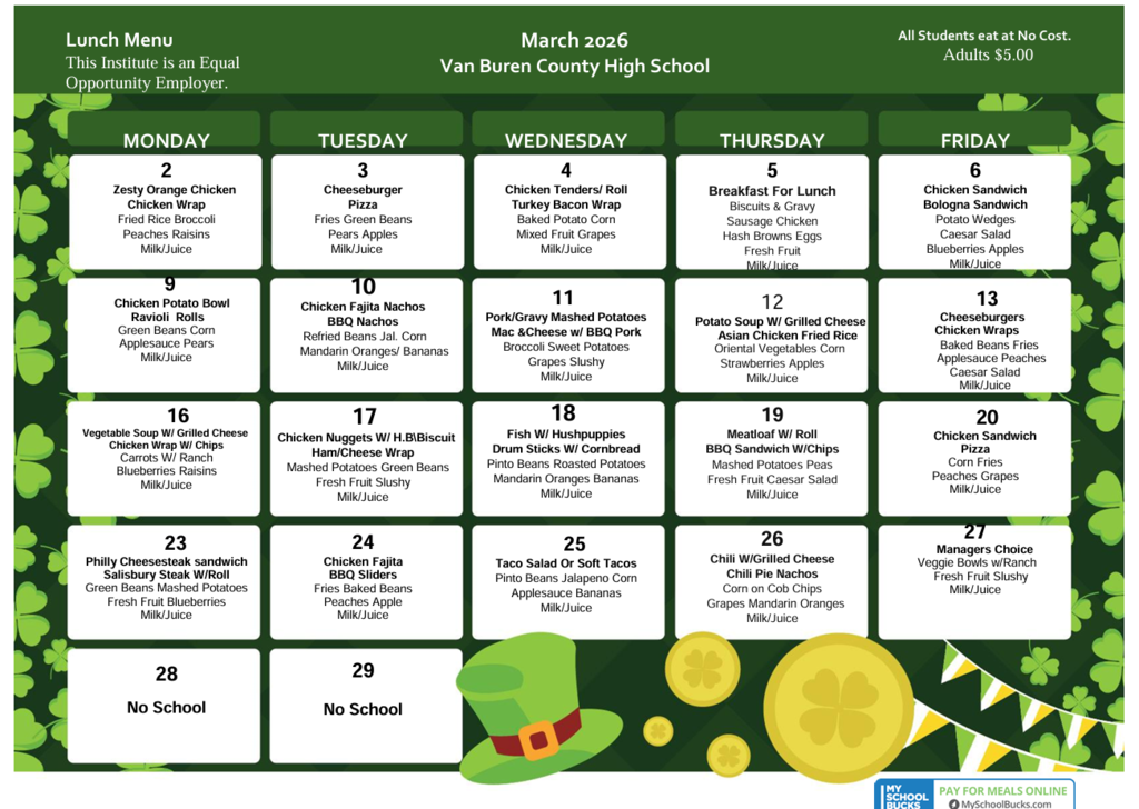 March 2026 High School Lunch Menu