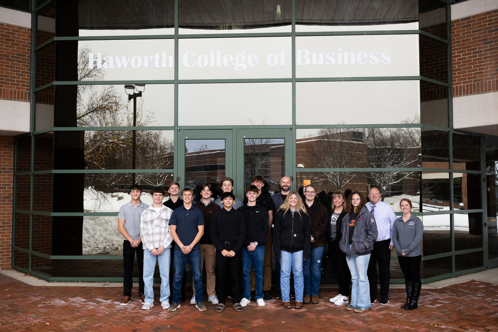 Students and Staff standing outside Haworth College of Business