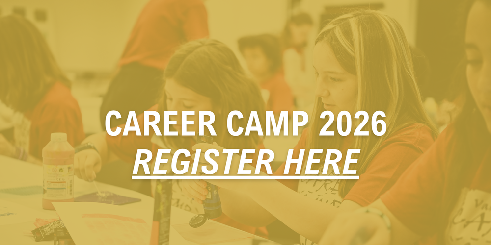 image of students painting, all wearing red shirts faded in the background with a yellow overlay and the text "career camp 2026 register here" over it.