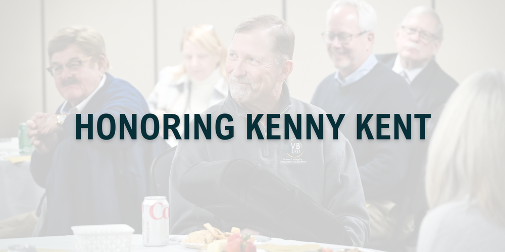 a photo of Kenny Kent in focus with a few individuals blurred in the distant background with a white transparent overlay and text that reads honoring kenny Kent