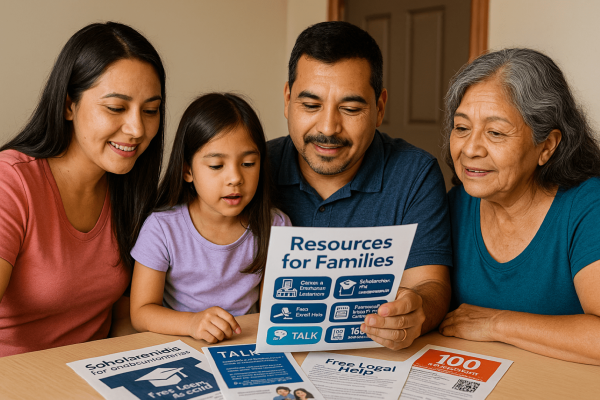 Family looking at brochure
