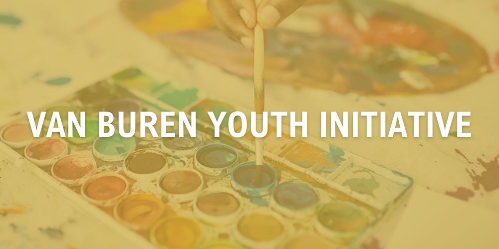 background image of a hand dipping a paintbrush into a watercolor paint kit, specificaly blue....kinda blurred out- not too much to see. It has a yellow overlay on it with text that reads Van Buren Youth Initiative