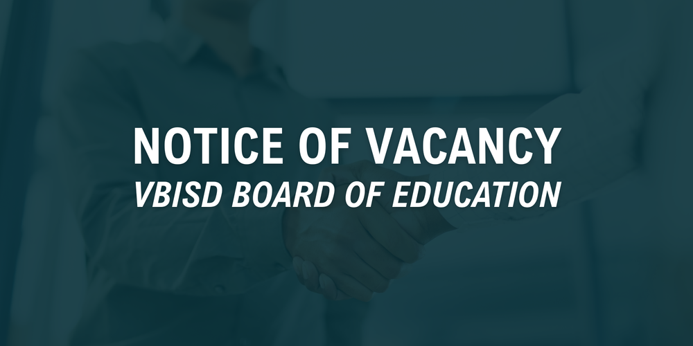 image of someone shaking someone's hand with a dark blue overlay and the text notice of vacancy vbisd board of education over it.