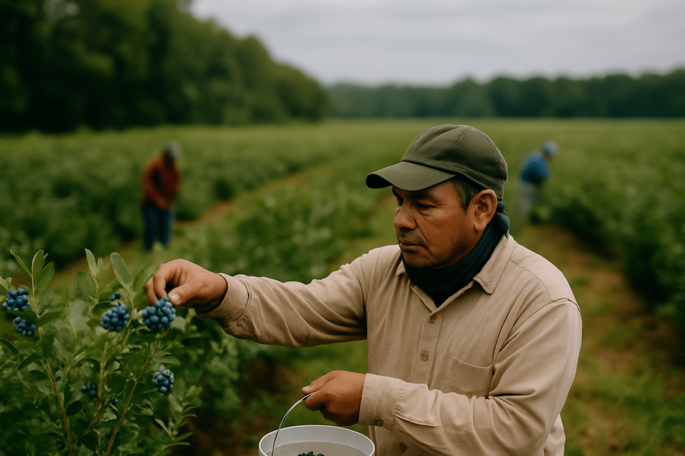 Farmworker picking berries