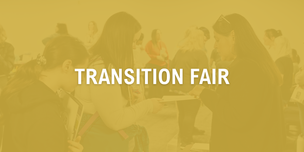 photo of adult woman (side profile) holding a piece of paper up and pointing at something on it and showing two young female students. it's blurred out with a yellow overlay and the text transition fair over it.