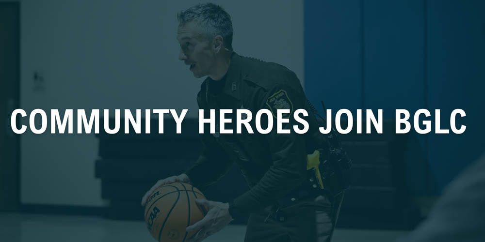 Photo of unknown police officer holding basketball with a blue overlay and the text community heroes join bglc