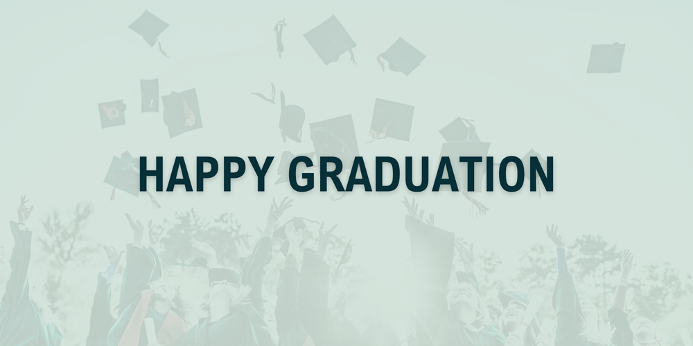 blurred image of random graduates throwing their cap in the air with blue overlay and the text Happy Graduation over it.