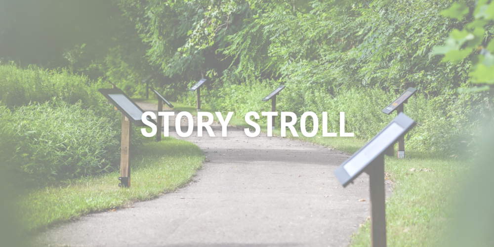image of story stroll in the woods that is faded with the text story stroll over it