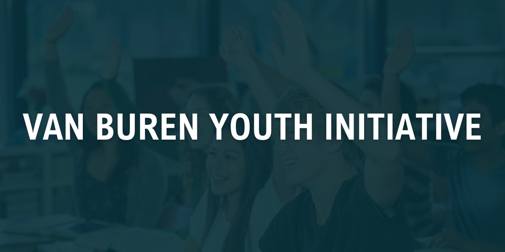blurred out image of kids raising their hands with the text van buren youth initiative over it