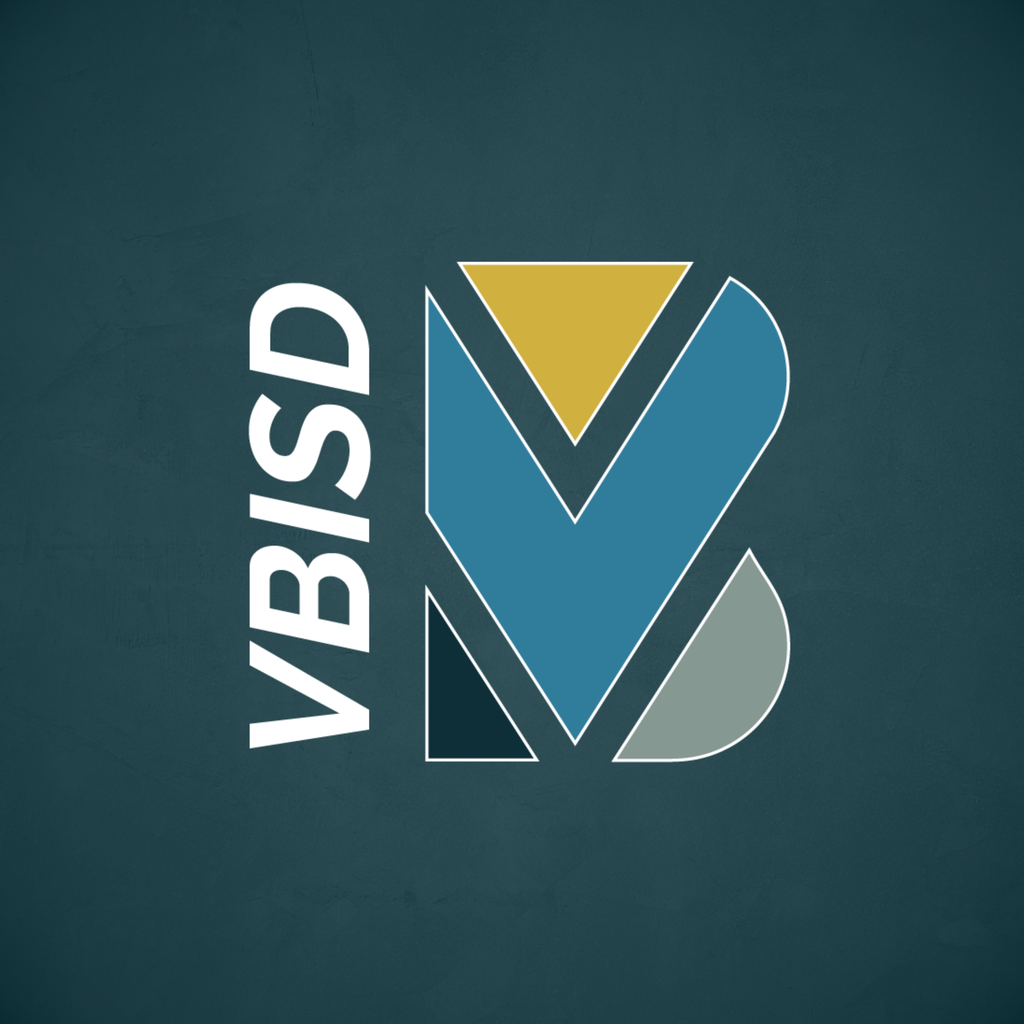 Image of VBISD new logo, which is 4 parts shaped together to make a V and a B optical illusion, with VBISD text on it's side of it with a dark blue background.