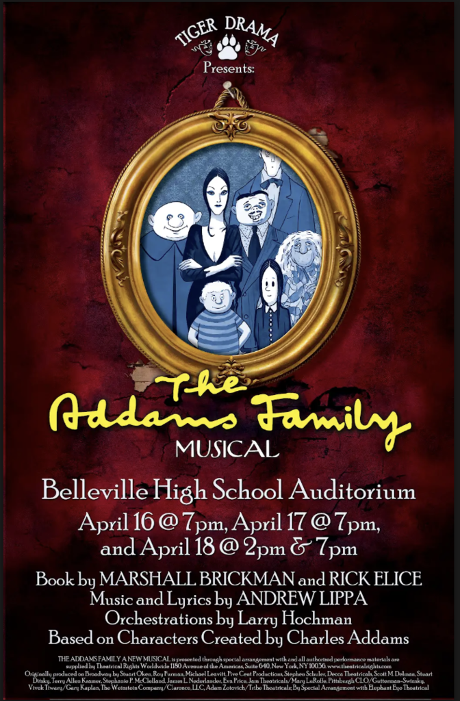 The Addams family musical flyer with dates 
